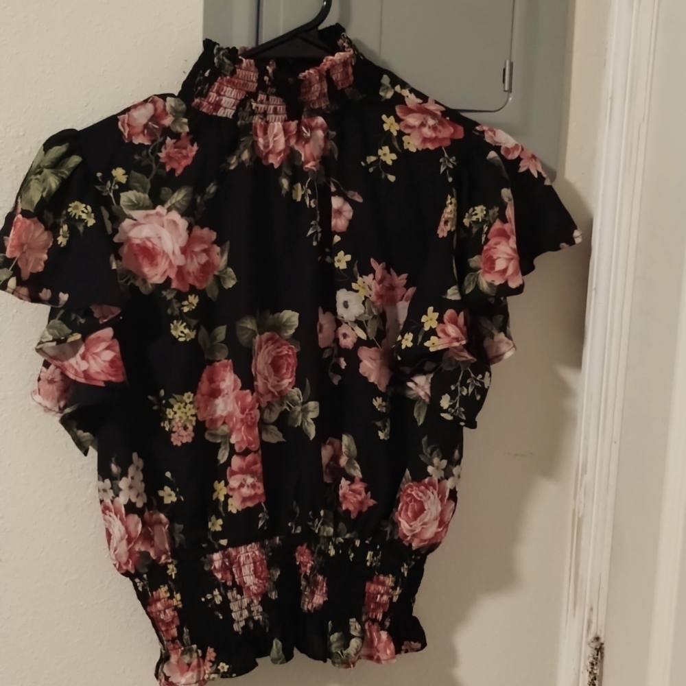 Shinestar Black and Pink Floral Blouse